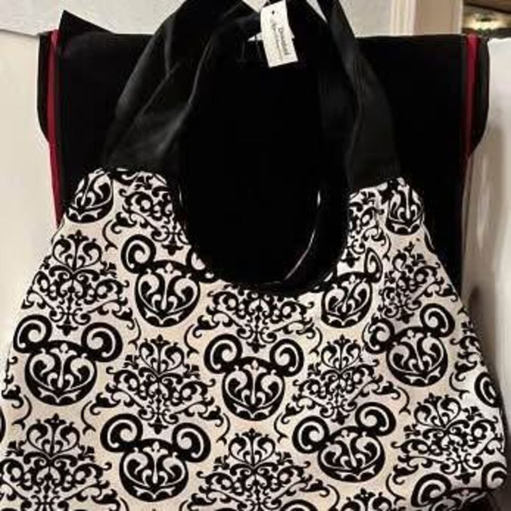 Disney Parks Damask tote bag purse Mickey NWT black and white flocked